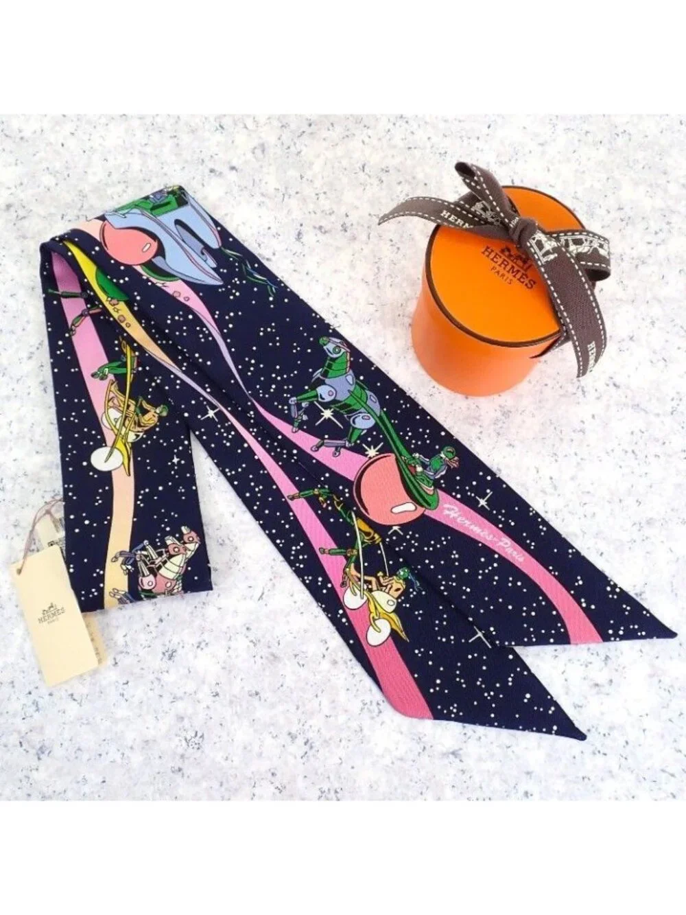 Hermes Twilly Space Scarf Silk Navy Marine Rose